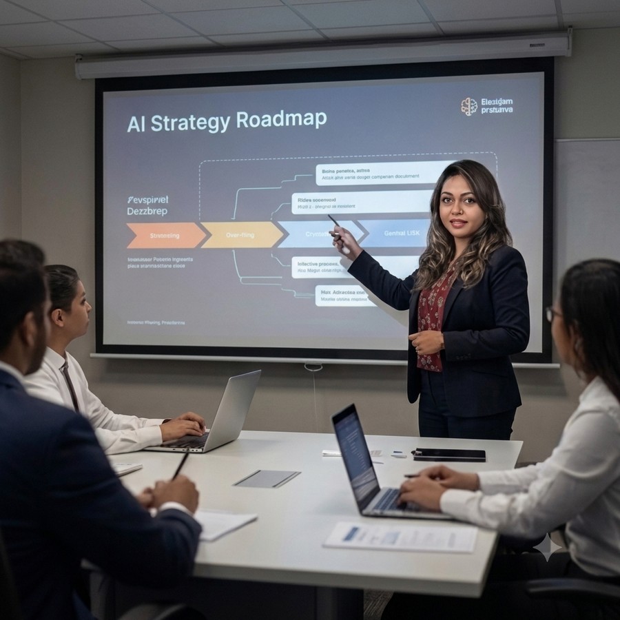 Consultant presenting an AI strategy roadmap to a team