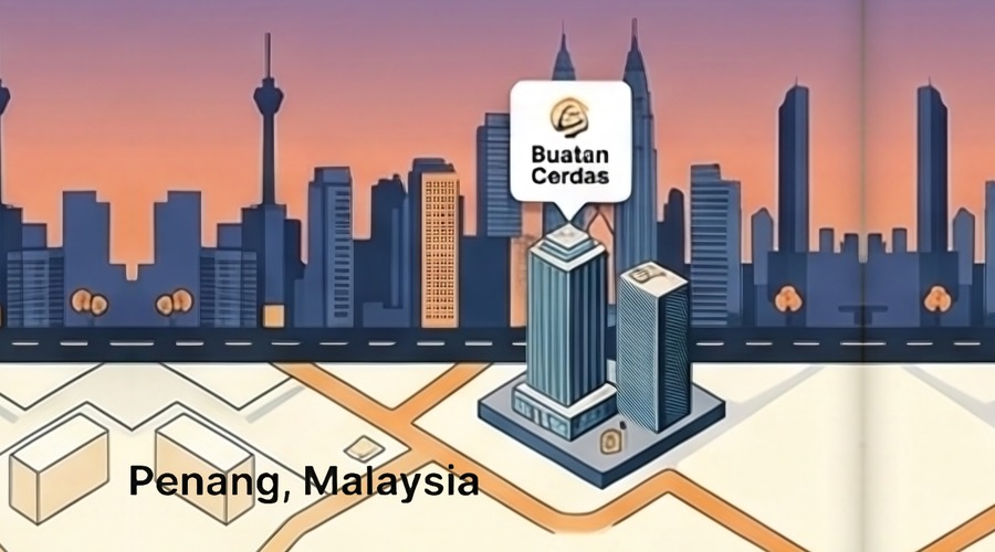 Illustrated Malaysian city skyline with BuatanCerdas office marker